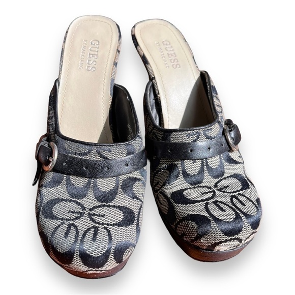 Guess Logo Black/Brown Y2K stacked Platform Heel Slip On Mules w/ buckle accents - Picture 6 of 11